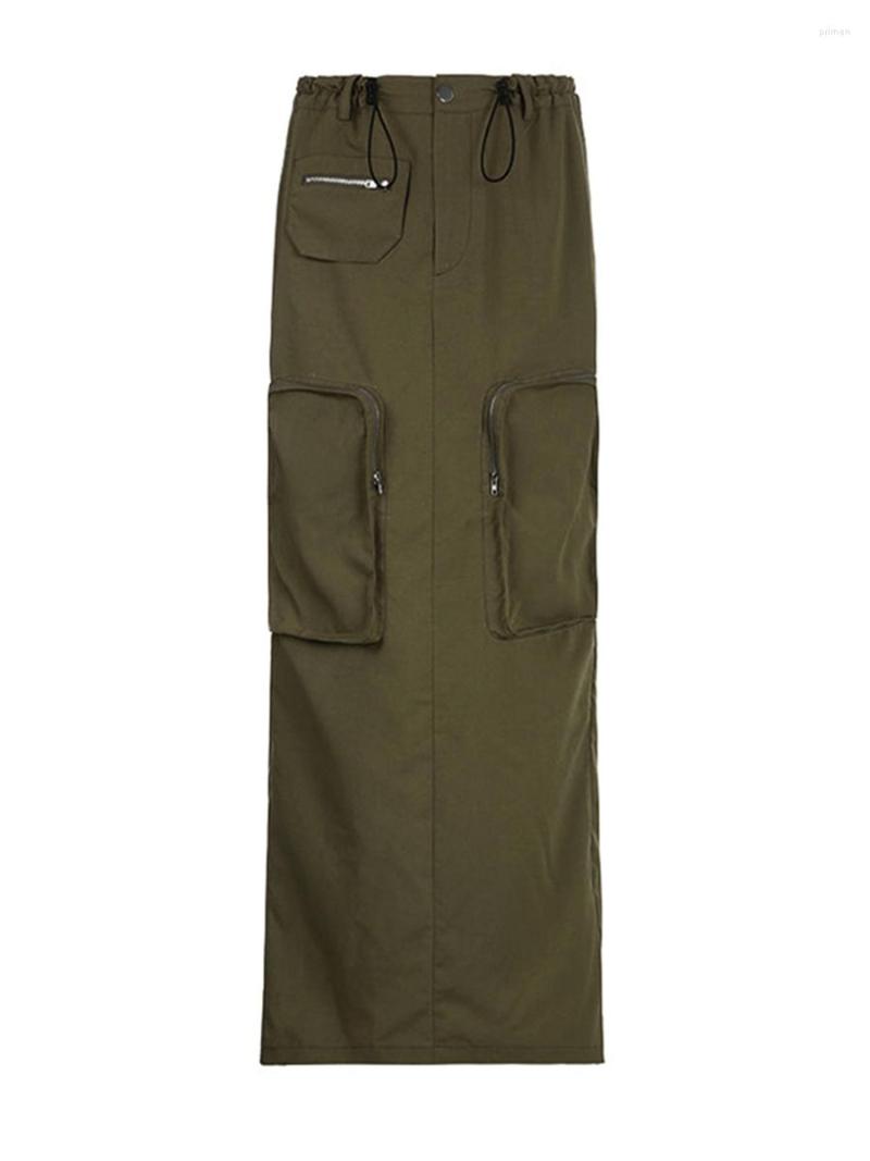 

Skirts Women Y2k Cargo Long Drawstring Low Waisted Ruched Maxi Skirt With Pockets Retro Shirred Baggy Streetwear, Light brown