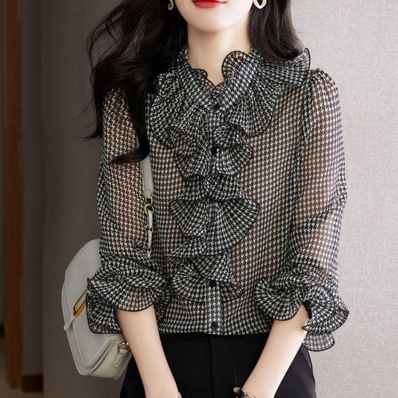 

Women's Blouses Sweet Princess Sleeve Ruffles Houndstooth Shirt Female Clothing 2023 Spring Casual Tops Chiffon Office Lady Blouse, Black