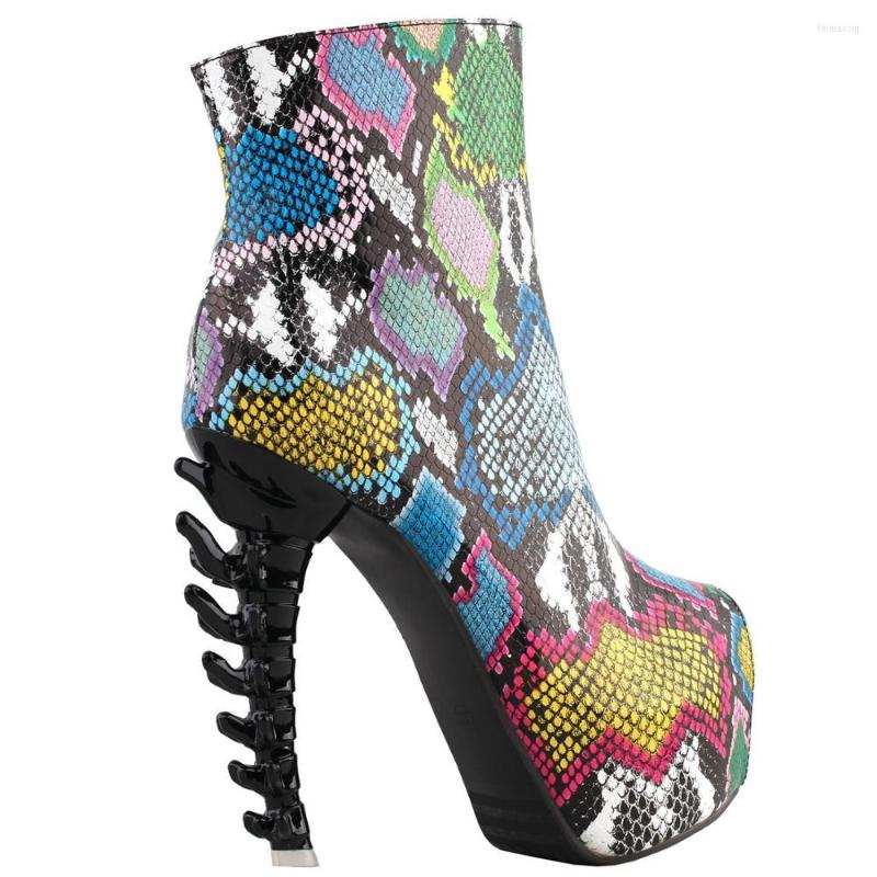 

Dress Shoes LF80706 SHOW STORY Cool Multicoloured Snake Skin Print Peeptoe High-top Bone Hidden Platform Ankle Boots, Green