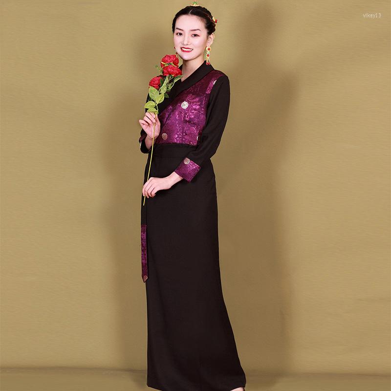 

Stage Wear Traditional Tibet Nationality Clothing Spring Autumn Tibetan Robe Elegant Women Long Dress Classical Ethnic, Black