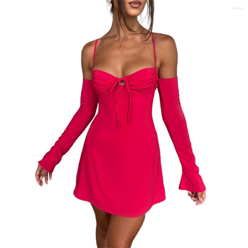 

Casual Dresses Douhoow Women Off Shoulder Mini Dress Sexy Backess Bandage Party Low-cut Lacing Summer Long Sleeve Short Cocktails, Pink