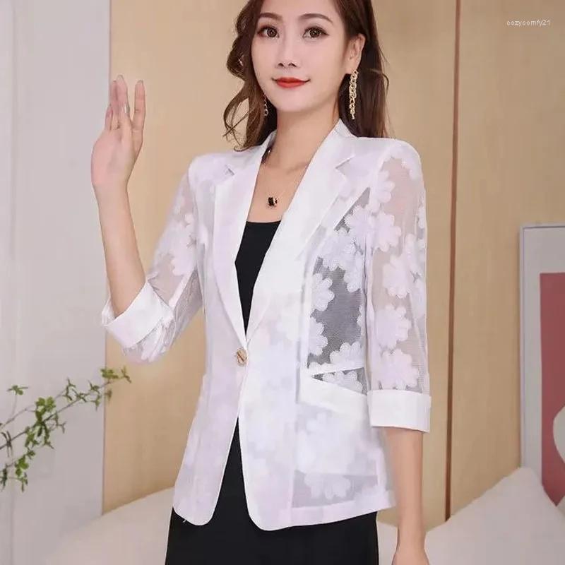 

Women's Suits Summer Thin Lace Women Blazer Jacket 2023 Fashion Korean Single Button 3/4 Sleeve Short Lady Blazers Sunscreen Shirt, White