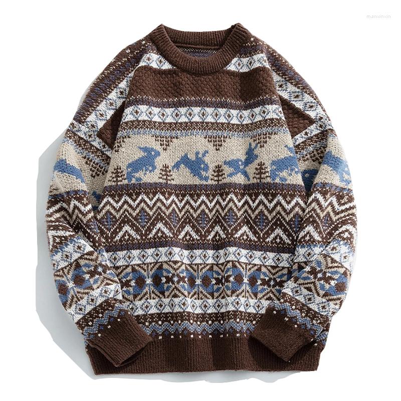 

Men's Sweaters Japanese Harajuku Knitted Pullovers Vintage Color Matching Fashion Embroidery Casual Loosed O-neck Unisex Jumper Autumn, Brown