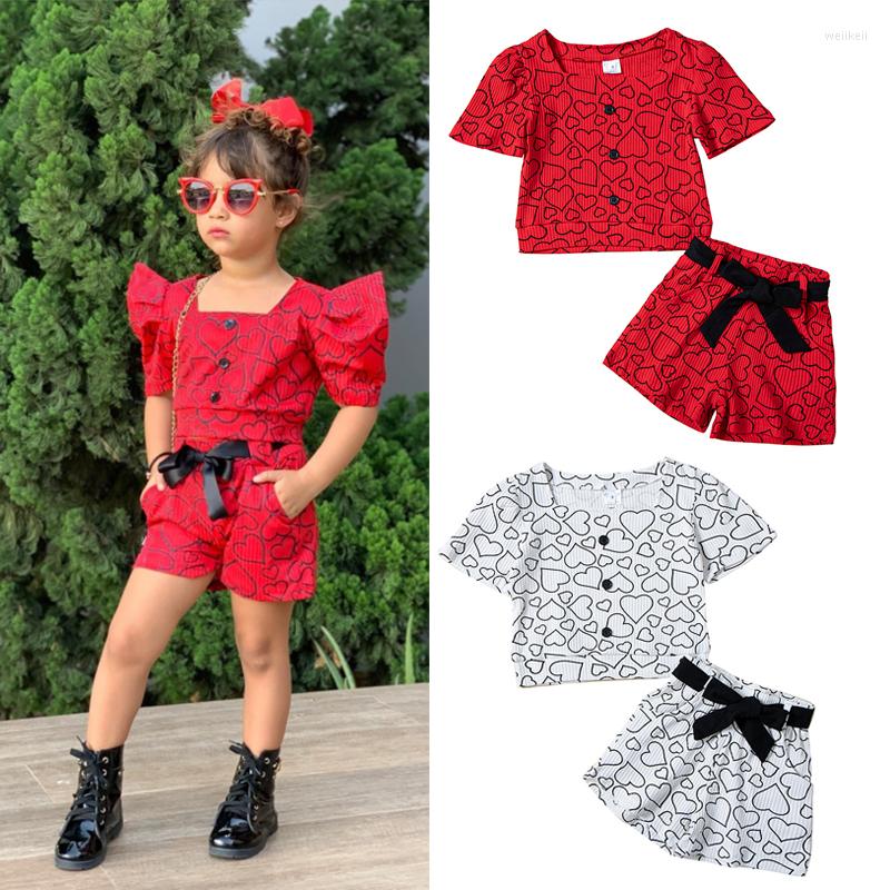 

Clothing Sets FOCUSNORM 2-7Y Fashion Kids Girls 2pcs Clothes Love-heart Printed Ribbed Square Neck Short Sleeve T-shirts Shorts, Black