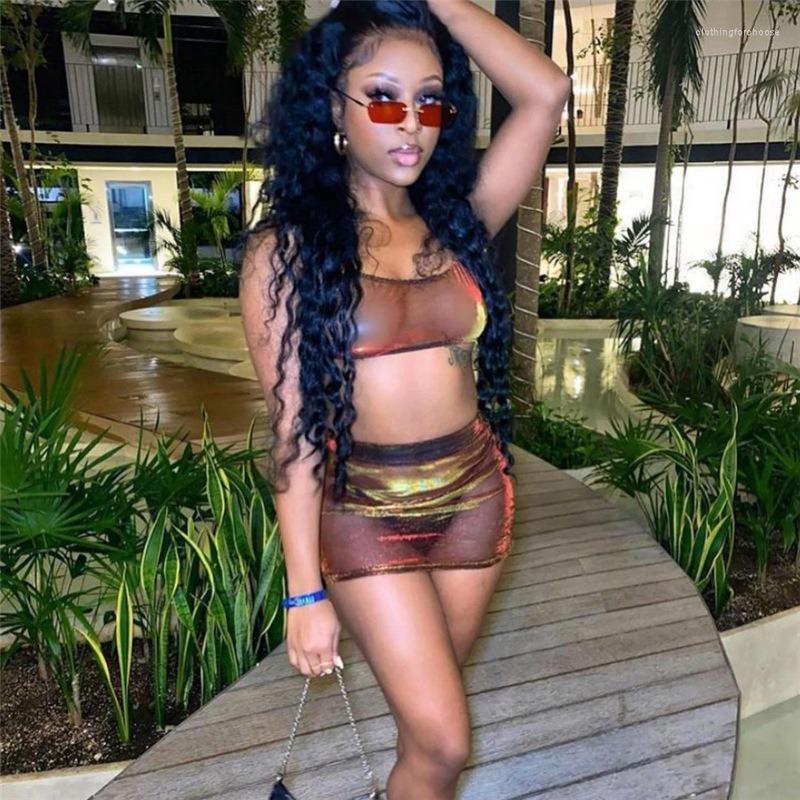 

Skirts Sleeveless Hollow Out Backless Tshirt Skirt 2 Piece Matching Sets Women Sexy & Club Party Wear Brown Mesh Designer Outfits, Light brown