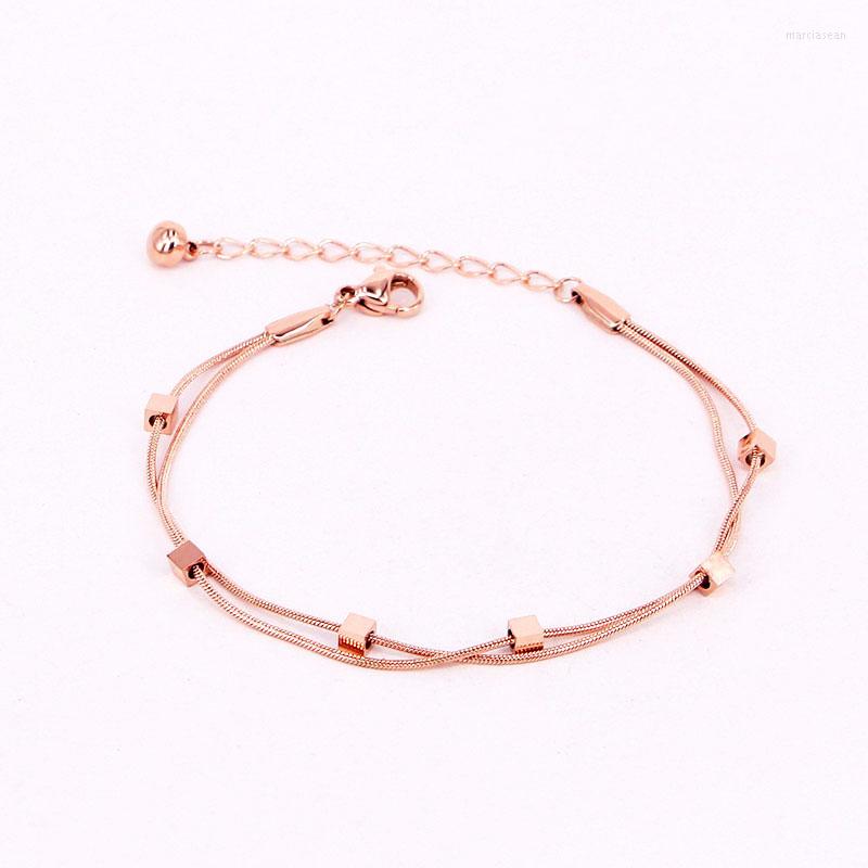 

Anklets Design Double Snake Bone Chain 6 Squares Anklet Stainless Steel Gold Color For Women And Girls Gift Jewelry Wholesale