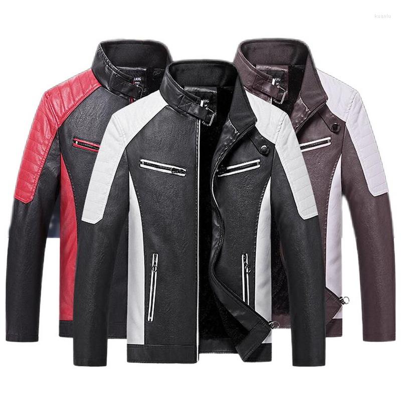 

Men' Fur European Size Autumn Winter Leather Jacket Men' Color Patchwork Velvet Street PU Outwear, Black red