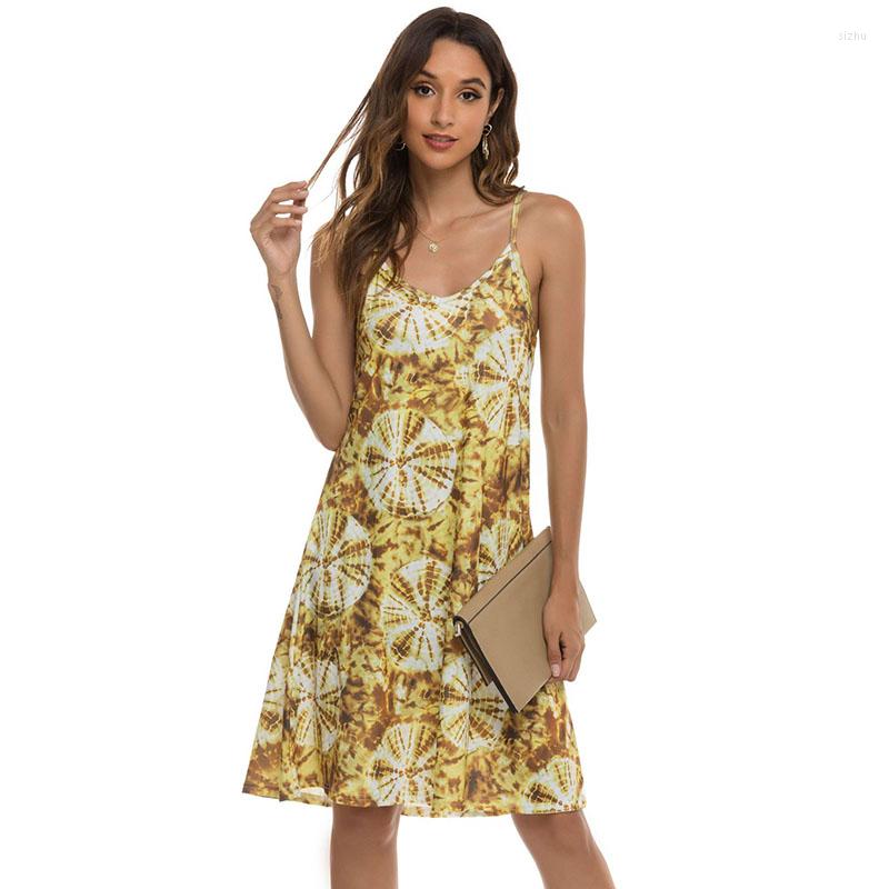 

Casual Dresses 2023 Summer Yellow Printed Spaghetti Strap Loose Knee-Length Fashion Plus Size Beach Dress Vacation Daily Sexy Causal