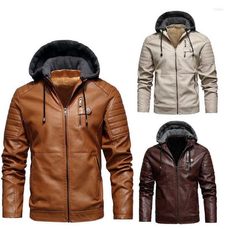 

Men's Fur Men's Fleece Liner PU Leather Jackets Coats With Hood Autumn Winter Outwear Men Windbreaker Biker, Beige
