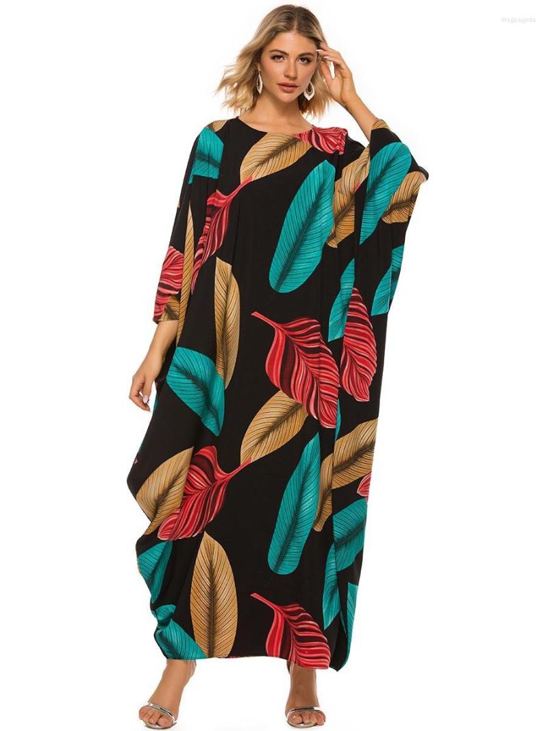 

Ethnic Clothing Large Size Women Bat Sleeve Pleat Color Leaf Print Bohemian Casual Loose Dress Plus Abayas Emirates Islamic