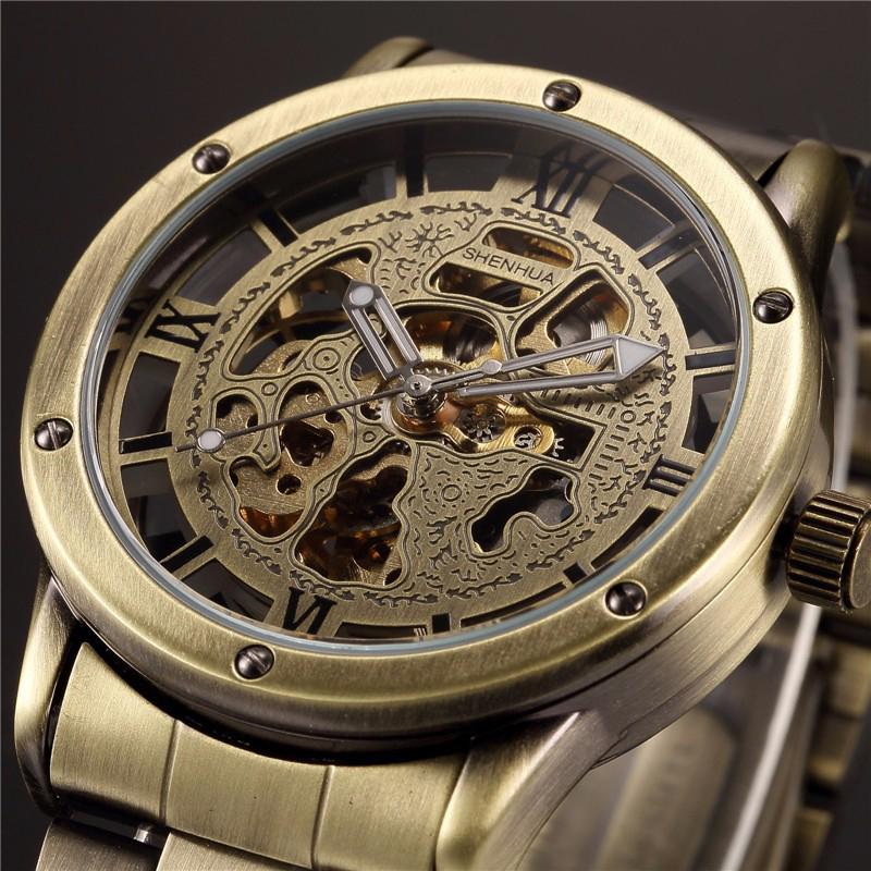 

Wristwatches Fashion Vintage Bronze Watch Men Skeleton Watches Shenhua Full Steel Automatic Mechanical Reloj Hombre Montre HommeWristwatches, Black