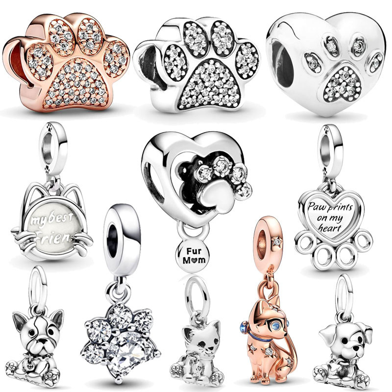 Pendentif en argent sterling 925 pour femme avec breloques en forme de chat, or rose, couleur chien, compatible avec le bracelet original, bijoux