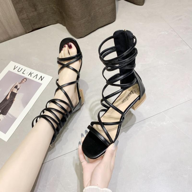 

Sandals Bohemian Women's Flat Summer Versatile Black Square Toe Thick Heel Ins Strap Back Zipper Cross Casual Shoes