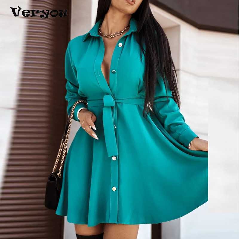 

Casual Dresses Women Vintage Front Button Sashes A-line Party Dress Long Sleeve Turn Down Collar Solid Elegant Dress 2022 Autumn Fashion Dress L230217, White