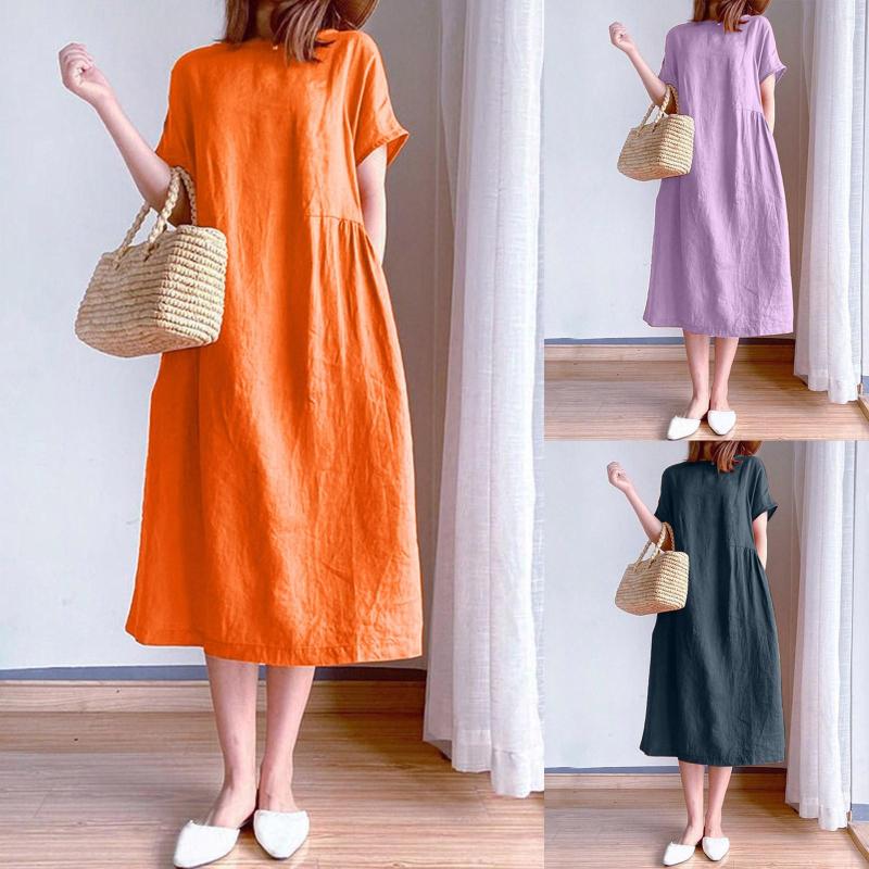 

Casual Dresses Women Summer Loose Oversized Linen Cotton Short Sleeve O Neck Daily Shirts Drese Fashion Stretchy Pockets Vestido, Purple