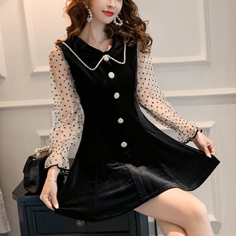 

Casual Dresses Women Chiffon Velvet Dress Winter 2023 Autumn Black Female Long Sleeve Middle-waisted Vestidos De Fiesta 685C