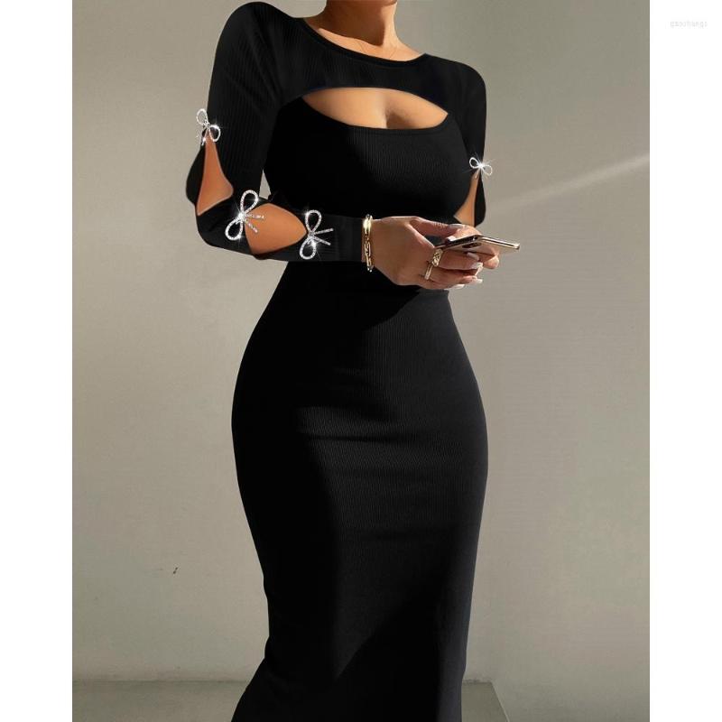 

Casual Dresses Autumn Women Bow Decor Cutout Long Sleeve Bodycon Dress 2023 Femme Sexy Round Neck Party Robe Lady Clothing Vestidos, Black