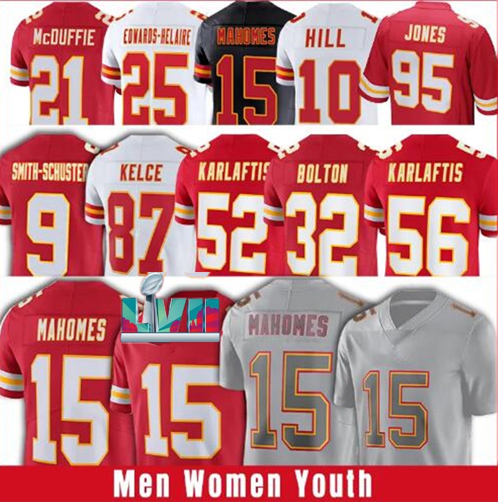 

15 Patrick Mahomes Kansaes City Football Jerseys Chiefes Super Bowl LVII JuJu Smith-Schuster Jaylen Watson Travis Kelce Chris Jones Nick Bolton Isiah Pacheco, As pic