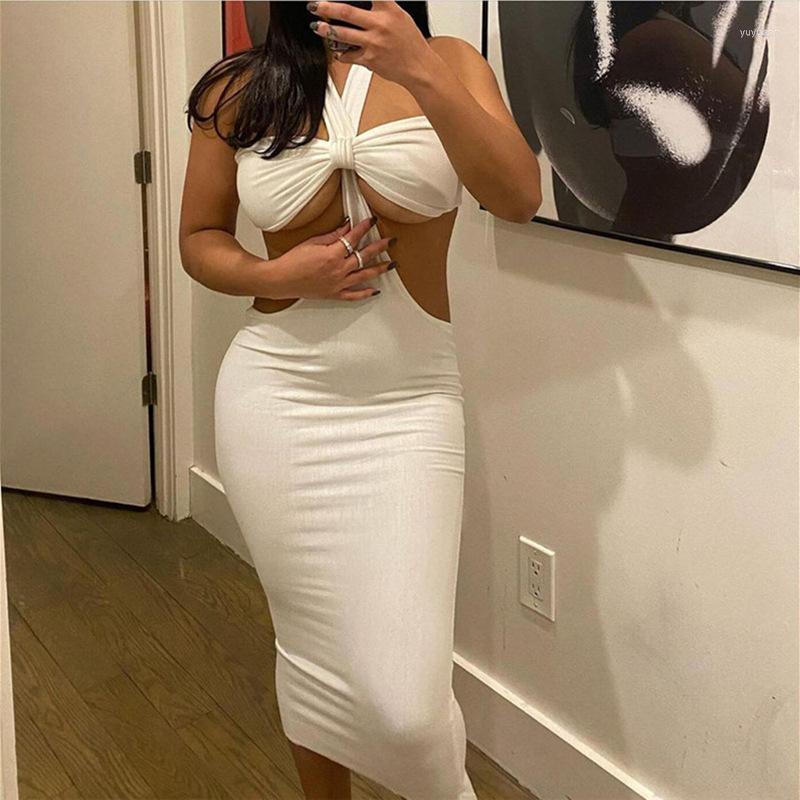 

Casual Dresses Fashion Spring Summer Lady Low Cut Halter Hollow Backless Dress Sexy Girl Hip Skirt Night Club Clothing Woman Party Gift, Black