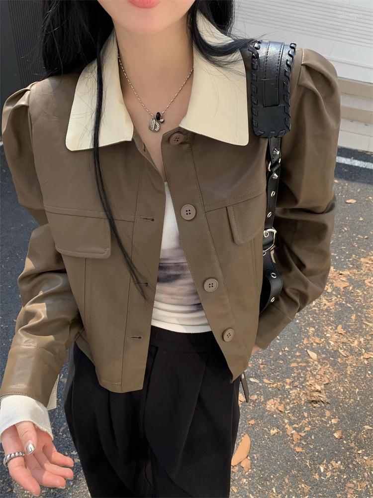 

Women's Leather FTLZZ Spring Autumn Fashion Short Pu Coat Women Streetwear Lapel Single Breasted Faux Jacket Lady Loose Outwear, Black
