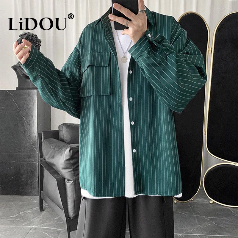 

Men's Casual Shirts Spring Autumn Fashion Temperament Stripe Simple Shirt Man Loose Long-sleeve Male Blouse Vintage Chic Streetwear Clothes, 88 black no pockets