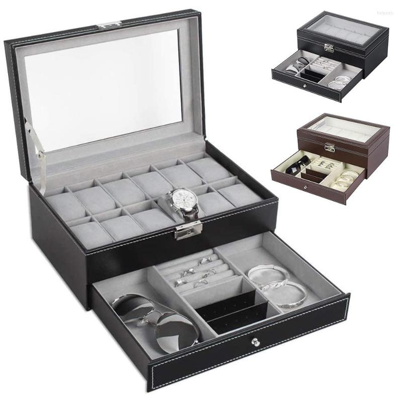 

Watch Boxes 2-layers 12 Slots Box Storage PU Leather Watches Organizer Multi-function Jewelry Display Cases With Drawer Gifts