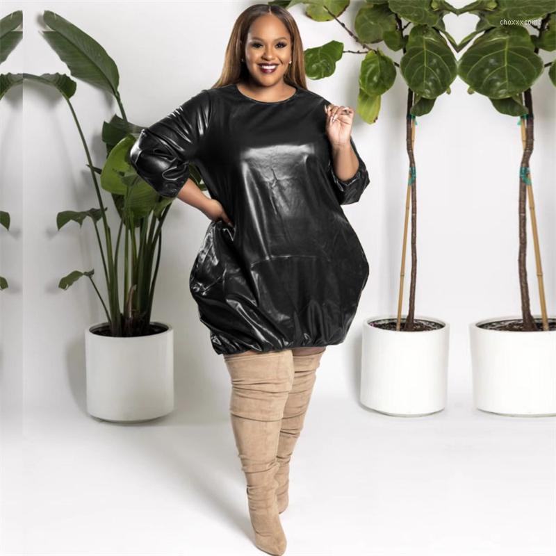 

Plus Size Dresses Women Fashion Winter Clothes Pu Leather Dress Long Sleeve 5xl Sexy Mini Party Drop Wholesale, Black