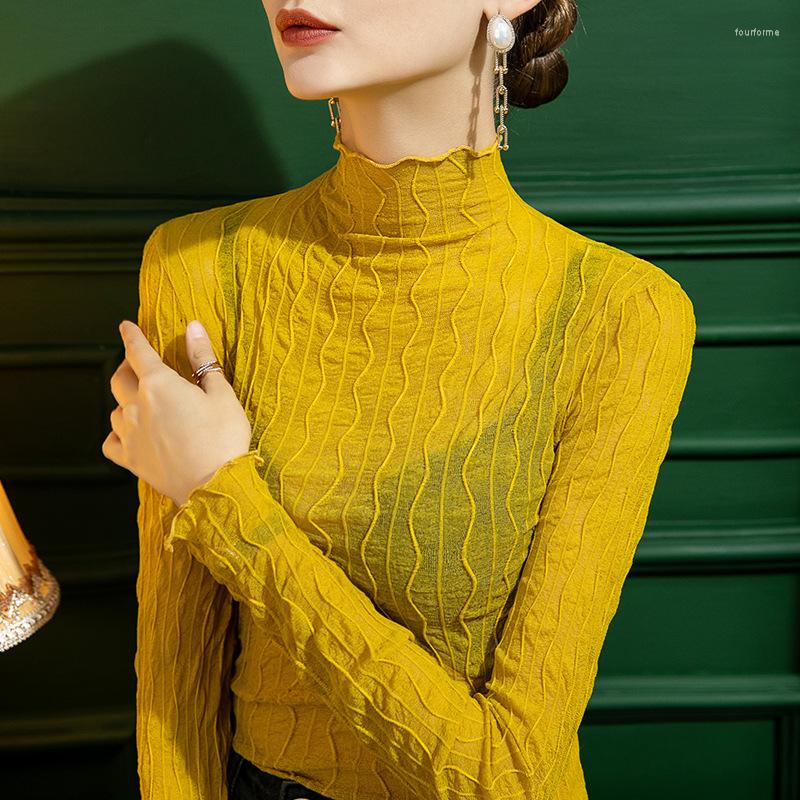 

Women' T Shirts Mesh Tshirt Girls Printed T-Shirts Tees Female Transparent Long Sleeve Half Turtleneck Thin Tops Women, White