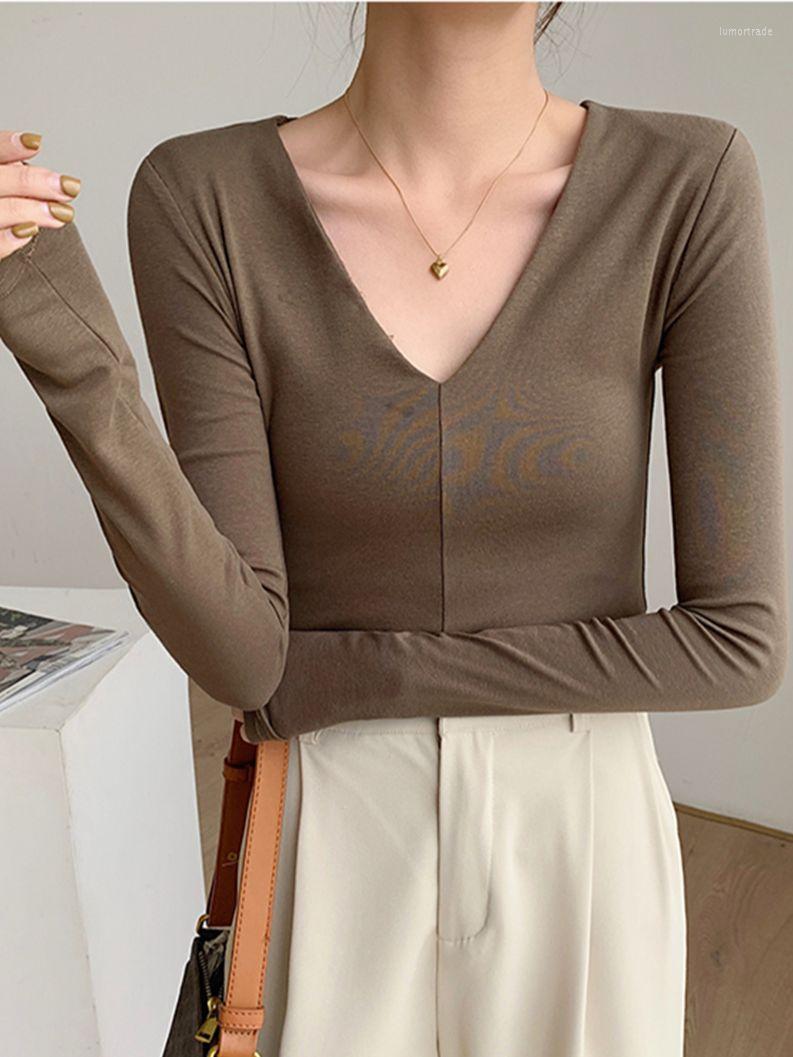 

Women' T Shirts HziriP Arrival V-Neck Bottoming Slim T-Shirts Skinny 2023 Solid -XL Fashion Casual Elastic Full Sleeves Tops Tees, Black