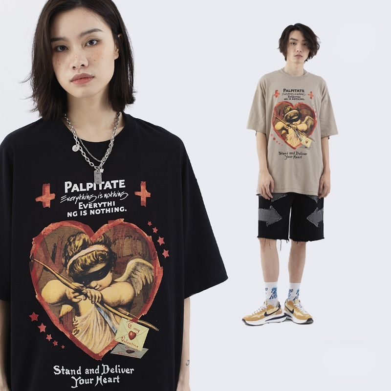 

Women's T-Shirt Men's and Women's American Retro Angel Love Print Summer Long Velvet Cotton Tide Brand Couple Short Sleeve T-shirt, Aspic