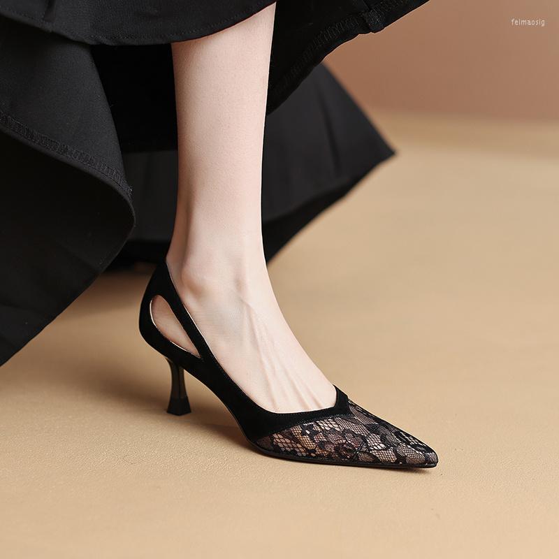 

Dress Shoes Women Pumps On Heels 4 CM Pointed Toe Kid Suede Elegant Lace French