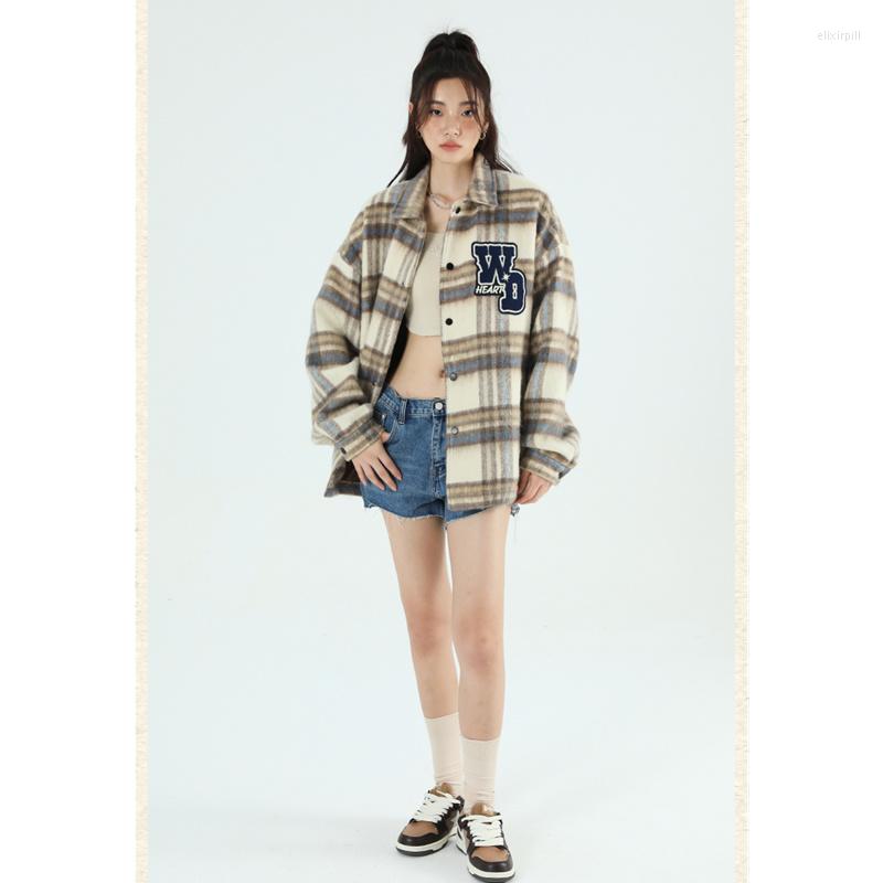 

Women' Jackets Women Woolen Plaid Jacket American Street Vintage Turn-down Collar Coat Single-breasted Baggy Embroidery Autumn Long Sleeves, Green