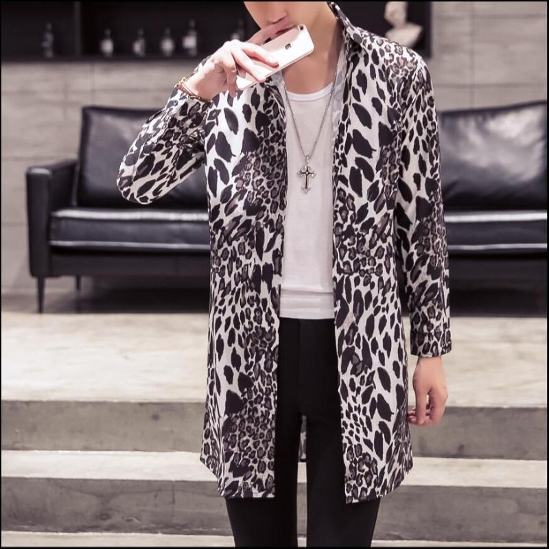 

Men's Casual Shirts -3xl Personality Leopard Print Long Shirt Korean Version Of The Self-cultivation Trend Nightclub CoatMen's