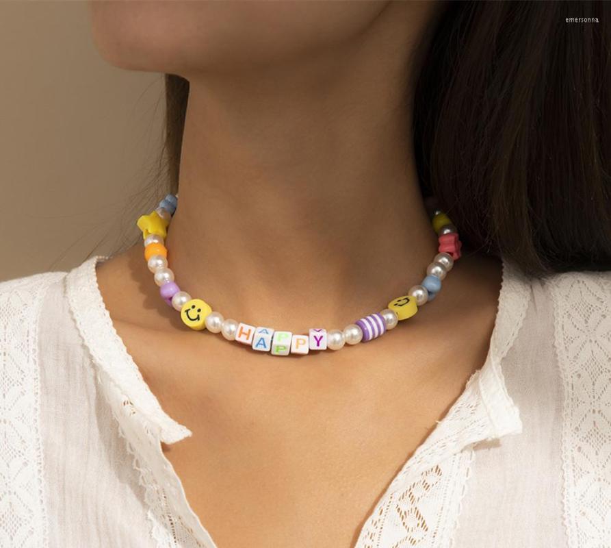 

Choker National Style Handmade Beaded Geometric Neck Chain Clavicle Natural Pearl Letter Sweet Girl Smile Acrylic Color Necklace