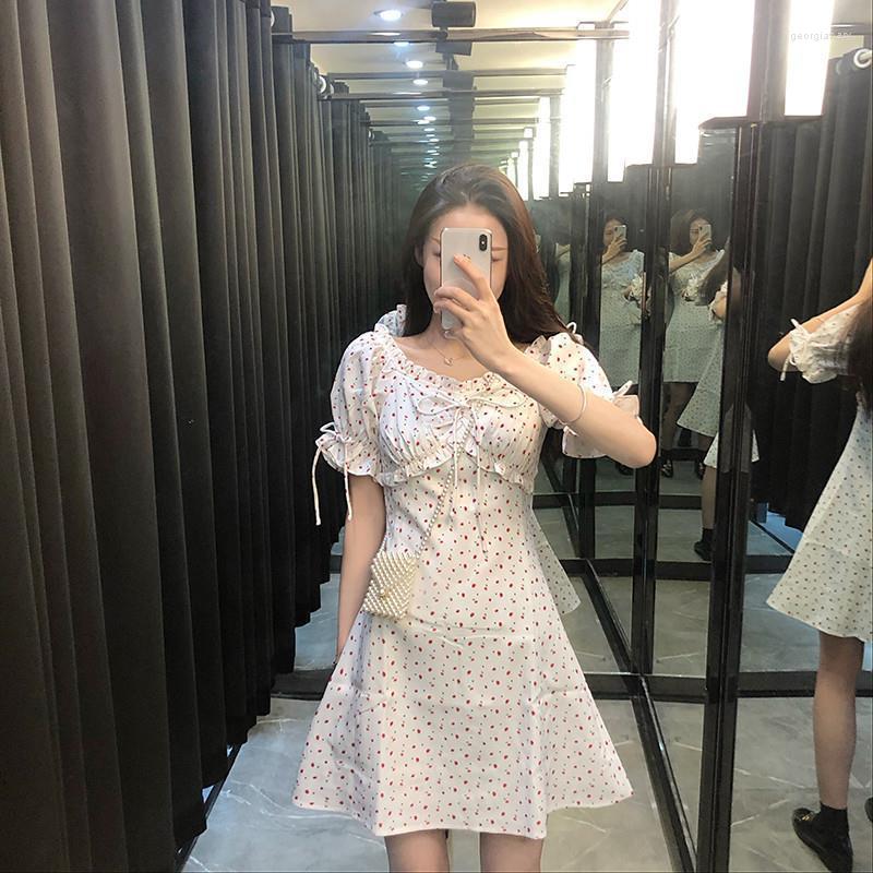 

Party Dresses Women White Cottagecore Dress 2023 French Vintage Woman Summer High Waist Slim Body Clothes Floral Elastic Streetwear