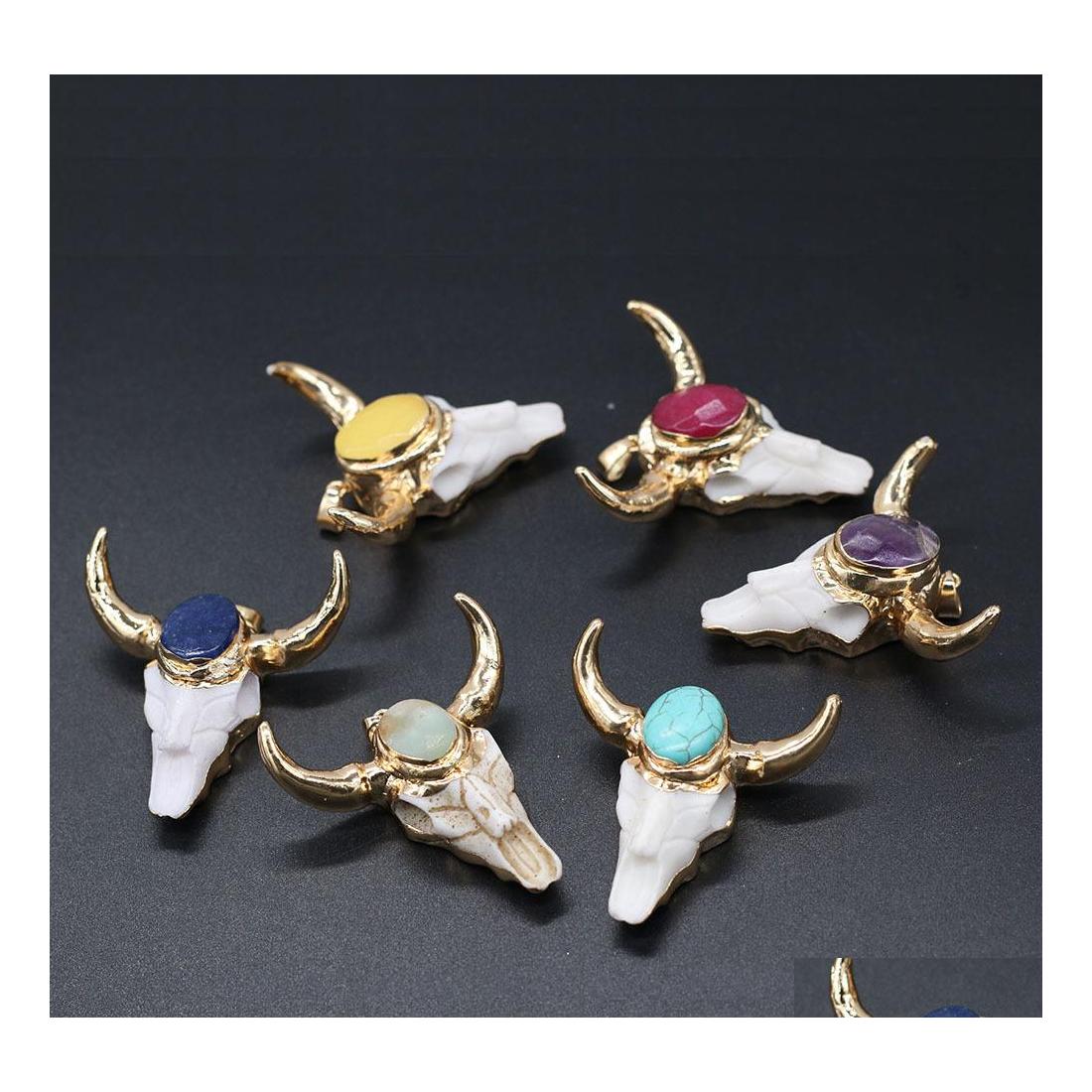 

Charms Gold Ox Cow Bones Head Shape Quartz Healing Reiki Stone Crystal Pendant Finding For Diy Necklaces Women Fashion Jewelry Sport Dhc3L