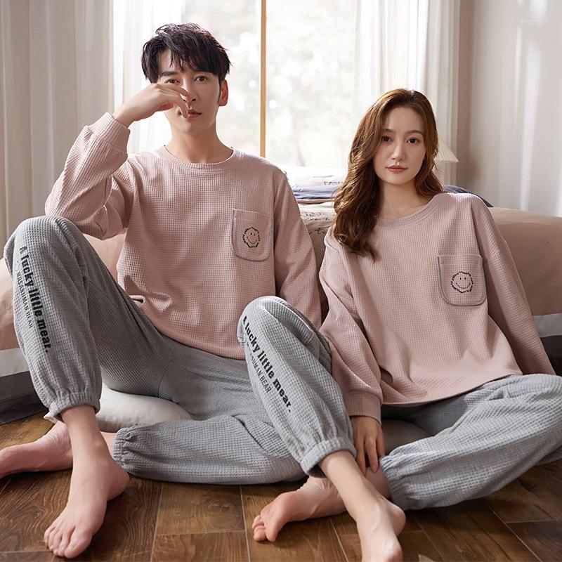 

Women's Sleepwear Autumn Knitted Cotton Couples Pullover Pajamas Suits Men's And Women's Casual Long Sleeves Round Neck Homewear, Style 3