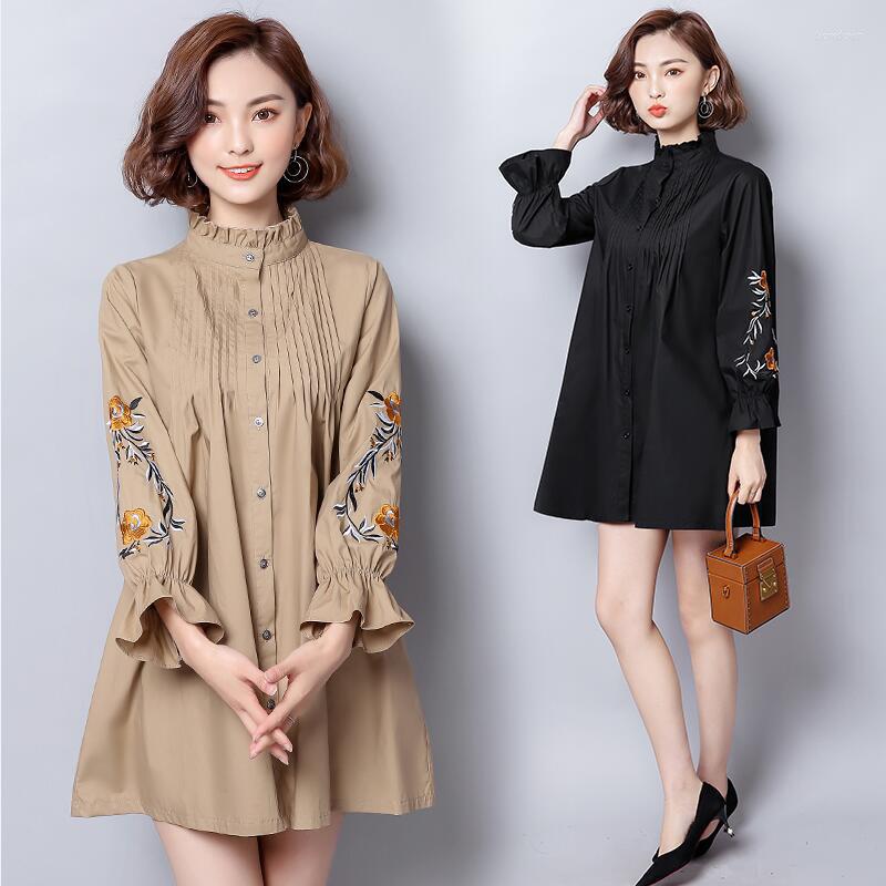 

Women's Blouses Spring And Autumn Women's Han Fan Loose Large Size Trumpet Sleeves Embroidered Fashion Collar Elegant Shirt, Khaki