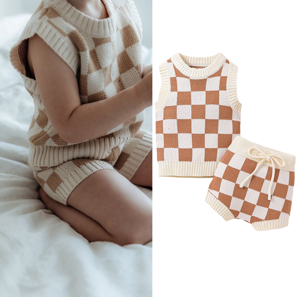 

Clothing Sets born Baby Boys Girls Two Pieces Clothes Outfits O-neck Sleeveless Checkerboard Printed Knitted Swater Vest Tie-Up Shorts 230217, Beige