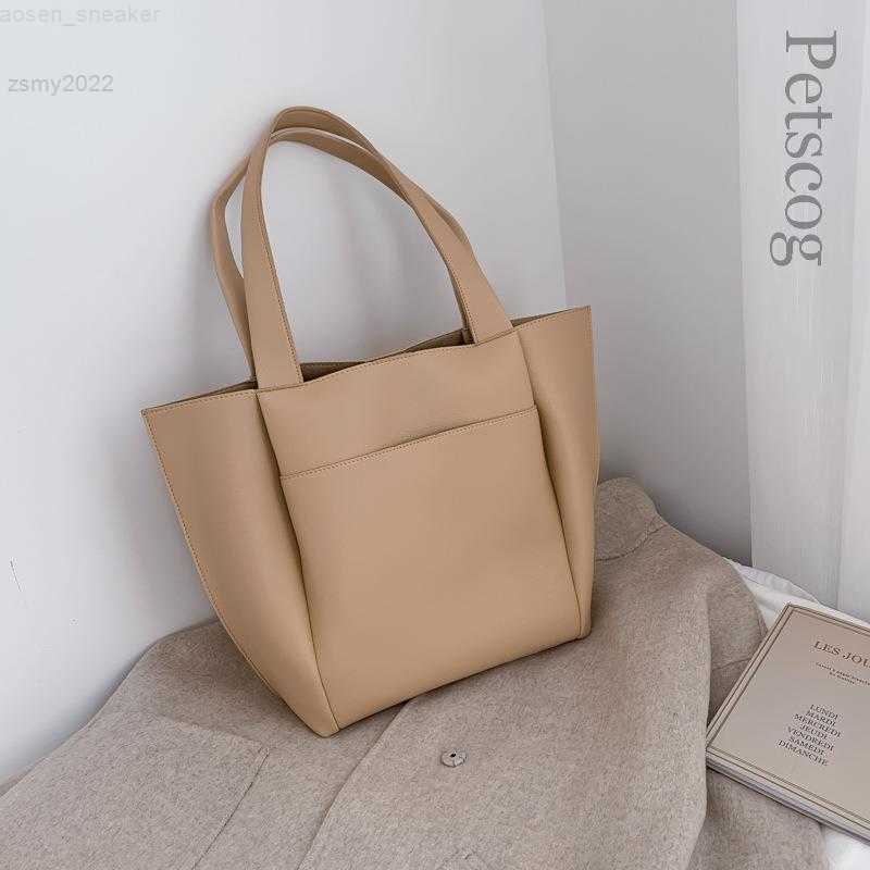 

PU Leather Luxury Women's Tote Large Capacity Solid Color Outer Pocket Shoulder Bags Fashion Simple Designer Bags 2022 Bolsas, Beige