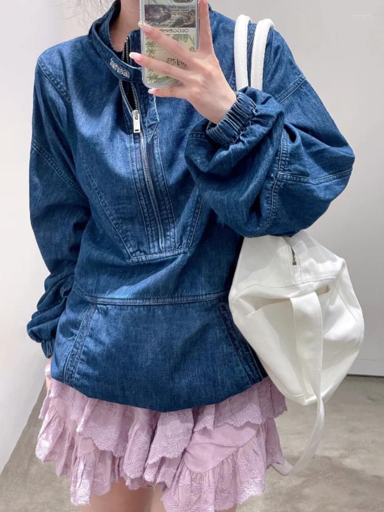

Women' Jackets 2023 Autumn Winter Stand Collar Cotton Denim Embroidered Puff Sleeve Women Jacket Coats, Blue