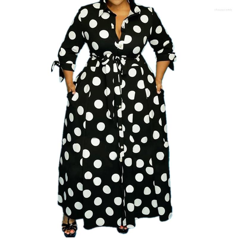 

Casual Dresses Autumn Maxi For Women High Waist Long Sleeve Dress Polka Dot Ladies Office Plus Size Drop Wholesale, Black