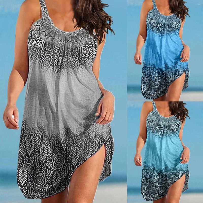 

Casual Dresses Women Summer Elegant O Neck Sleeveless Dress Lace Up Bohemian Hollow Out Vintage Print Long Cotton, Grey