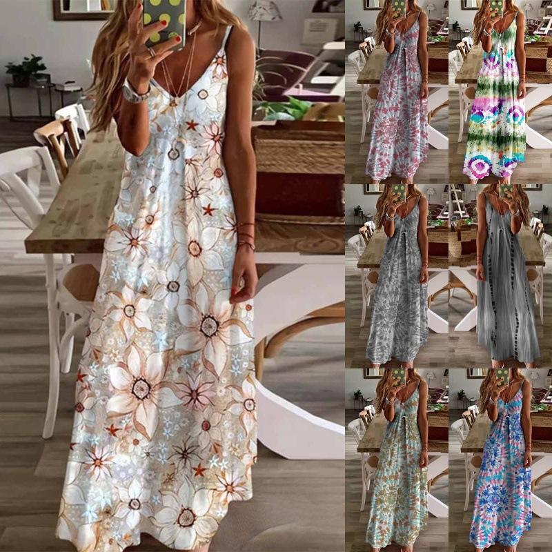 

Casual Dresses 2023 Summer Fashion Women' V-neck Print Loose Suspender Dress