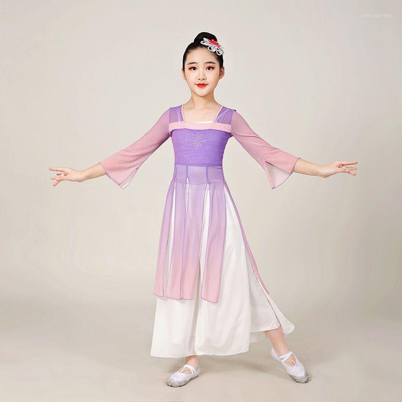 

Clothing Sets Children's Classical Dance Gauze Dancing Unifom Chinese Costume Girls Ancient Fan Practice Performance LE015, Top2