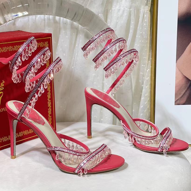 

Chandelier Beige Crystal Sandals Rene Caovilla Cleo 95mm Elegant evening sandals Rhinestone-encrusted Snake Strass Stiletto Heel Designer Party dress shoes, 43#