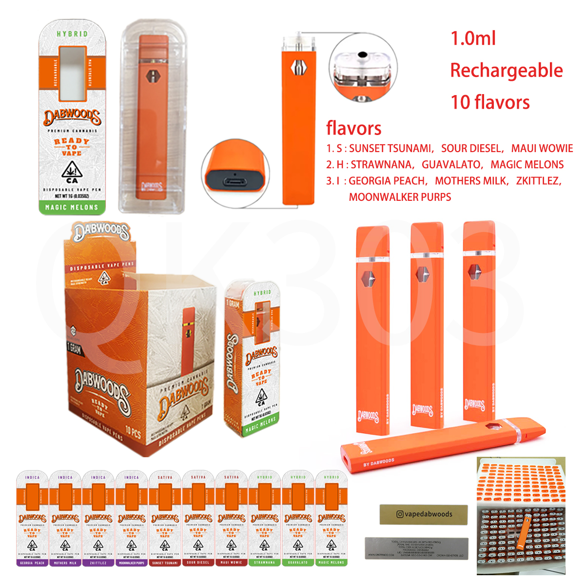 

USA stock Dabwoods Disposable Vape Pen E-cigarettes 1ML Empty Cartridge Ecigs USB Rechargeable Vapor with Packaging