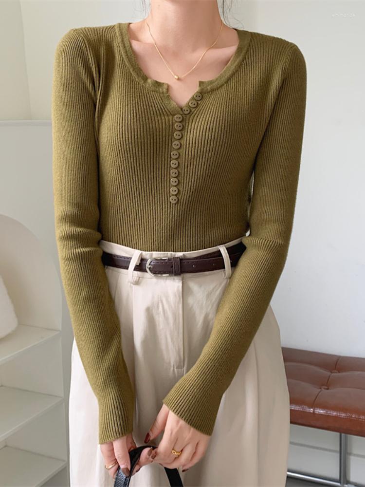

Women' Sweaters Autumn Solid Elegant Tops Women Korean Style Slim Long Sleeve T-shirt Female Button Designer Casual Pullover Sweater 2023, Green