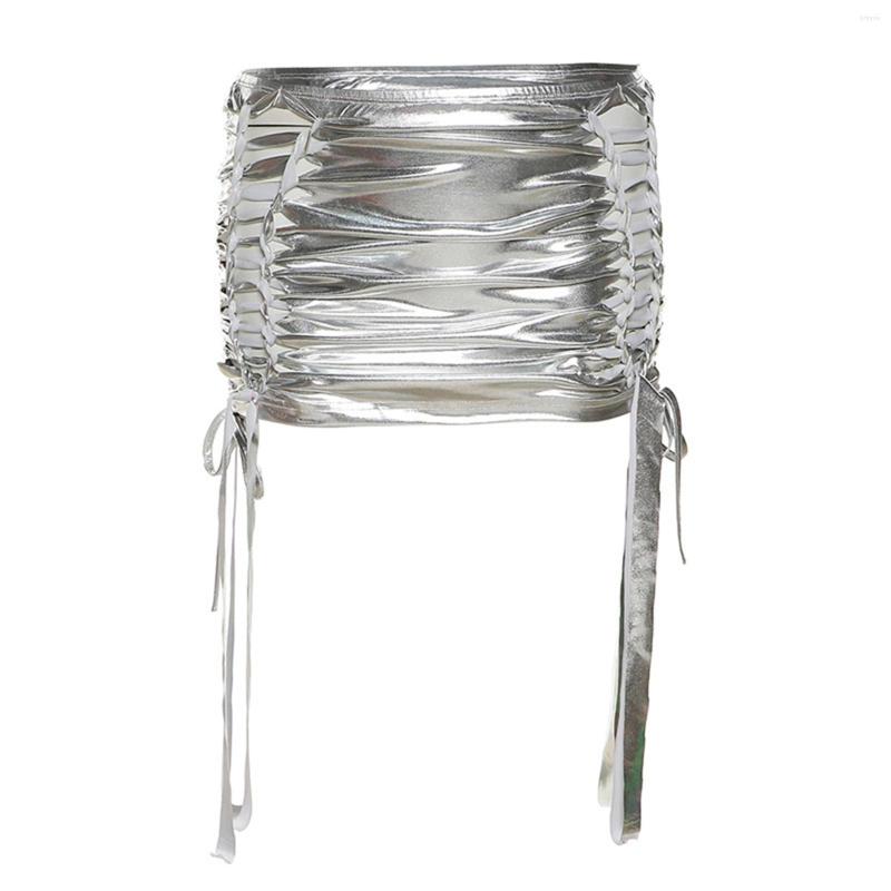 

Skirts Womens Metallic Glossy Drawstring Lace-up Miniskirt Casual Wear Hollow Out Strappy Pencil Skirt For Party Club Music Festival, Black