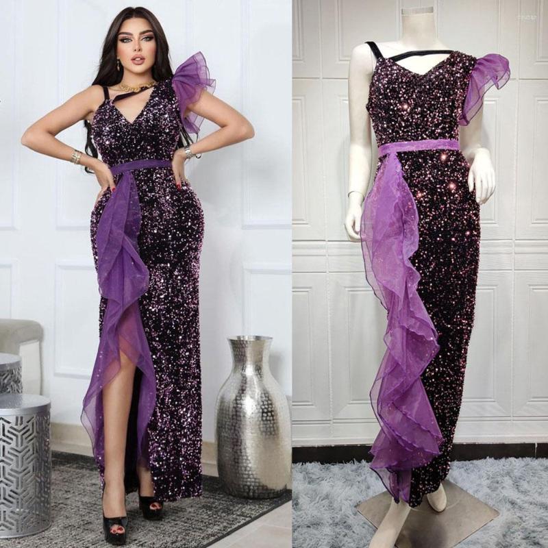 

Ethnic Clothing Summer Autumn 2023 Sleeveless V-neck Sexy High Slit Ruffles Dress Full Sequined Women Party Evening Elegant Formal Gown
